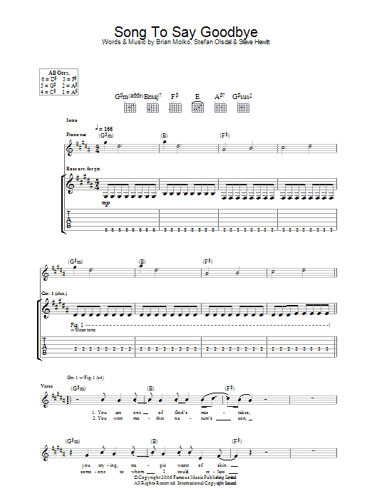 Placebo Song To Say Goodbye sheet music notes and chords arranged for Guitar Tab
