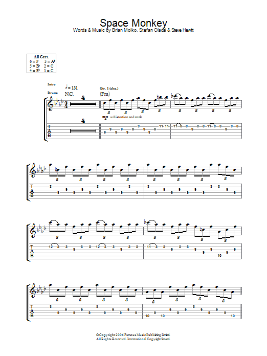 Placebo Space Monkey sheet music notes and chords arranged for Guitar Tab