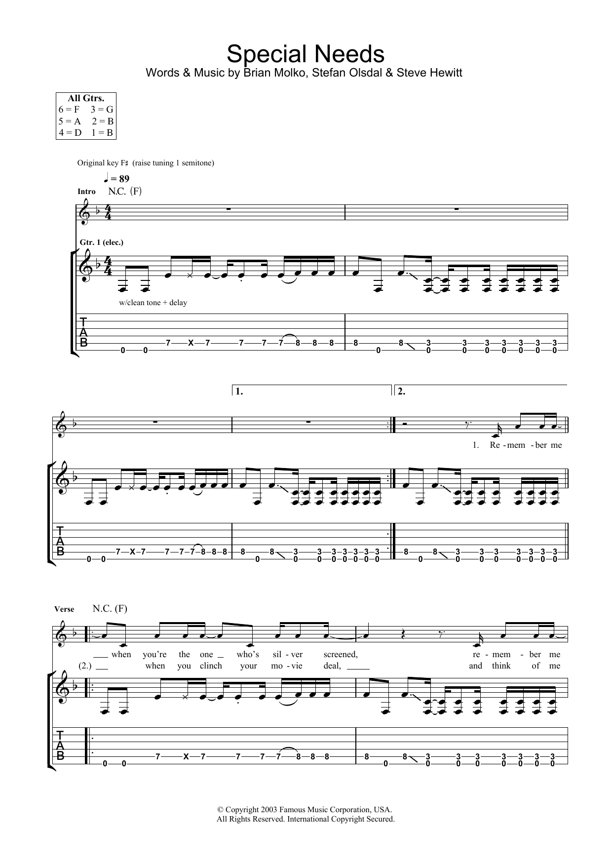 Placebo Special Needs sheet music notes and chords arranged for Guitar Tab