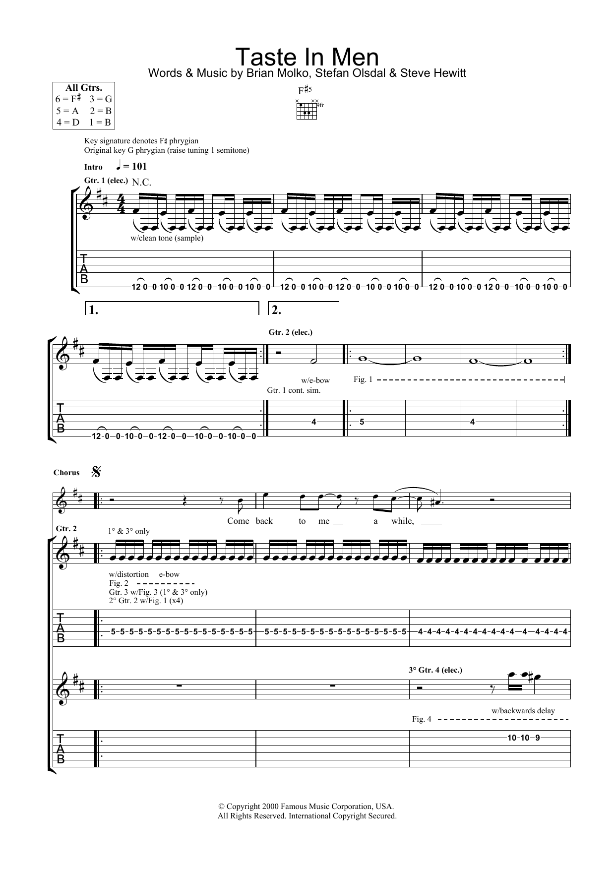 Placebo Taste In Men sheet music notes and chords arranged for Guitar Tab