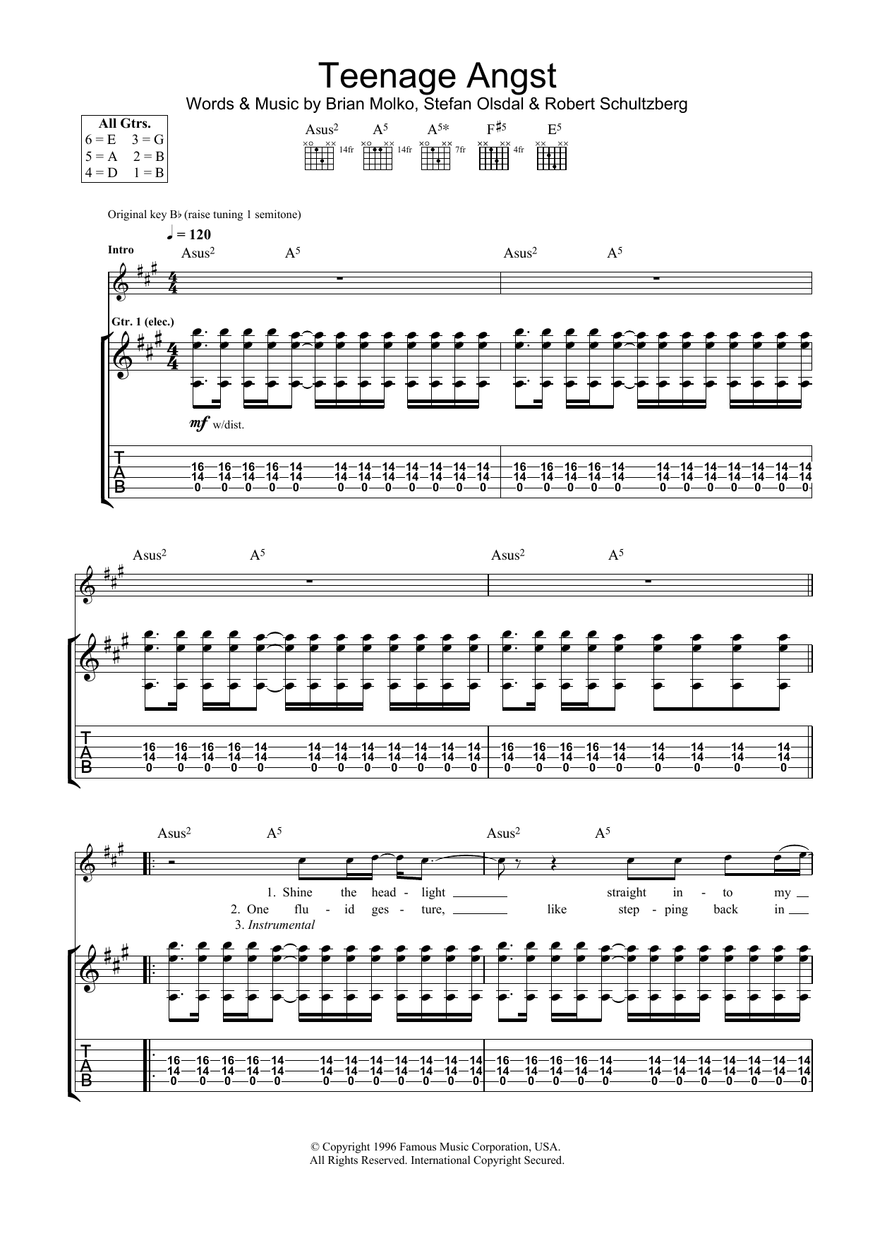 Placebo Teenage Angst sheet music notes and chords arranged for Guitar Tab
