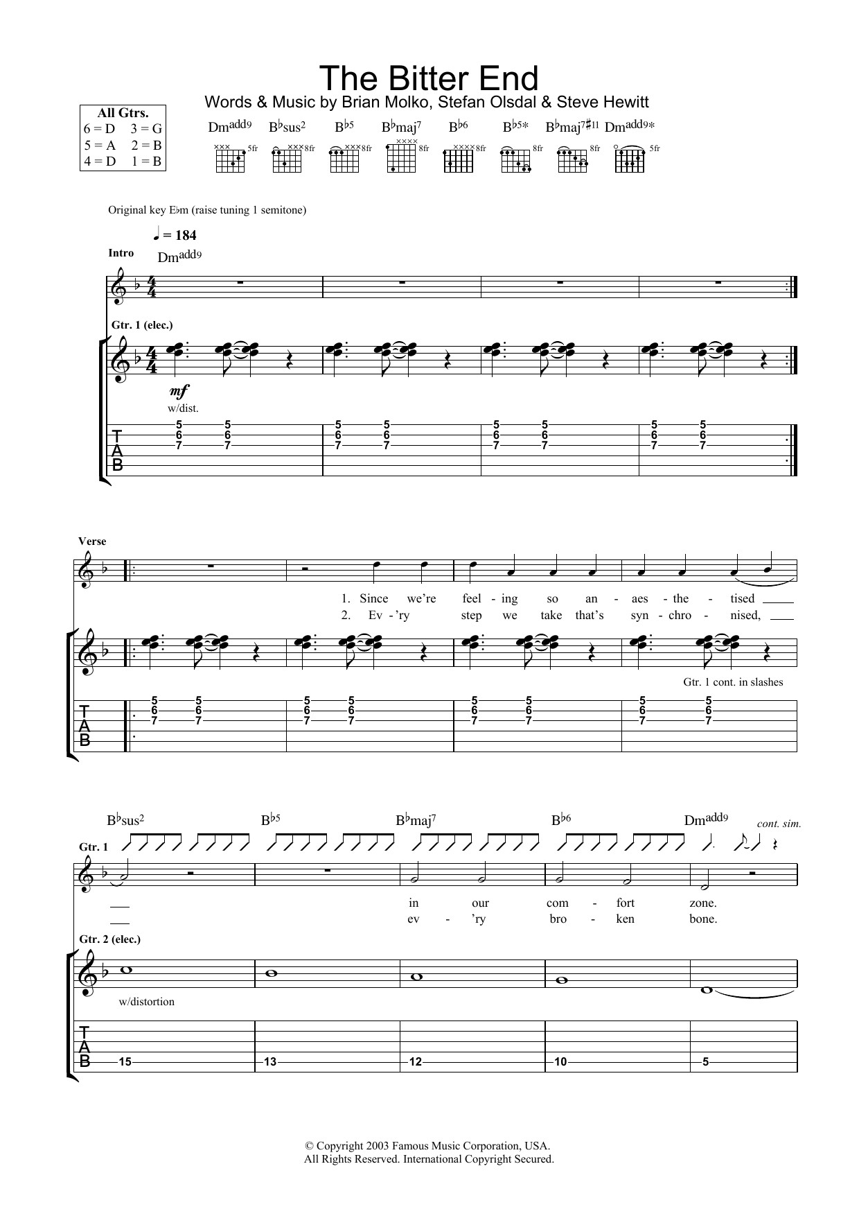 Placebo The Bitter End sheet music notes and chords arranged for Lead Sheet / Fake Book