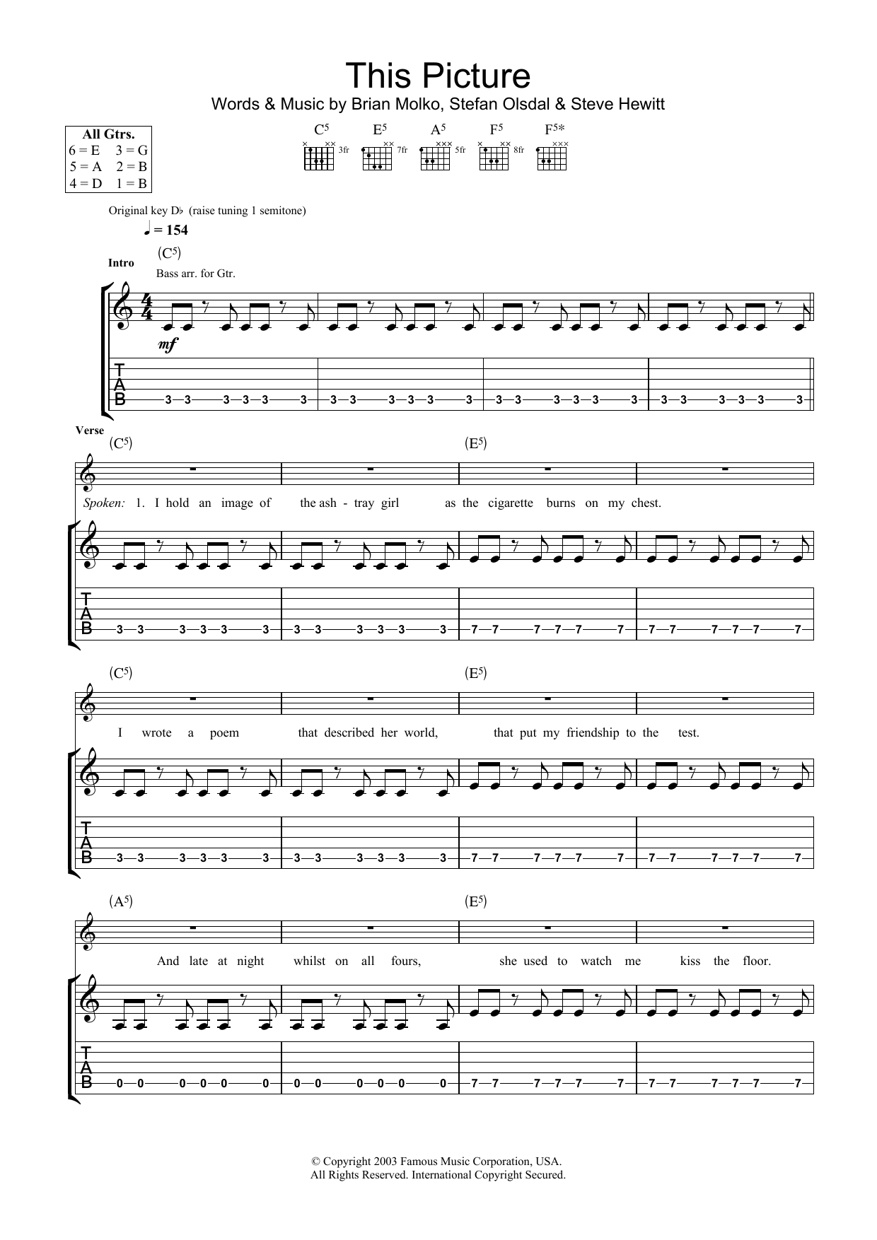 Placebo This Picture sheet music notes and chords arranged for Guitar Chords/Lyrics