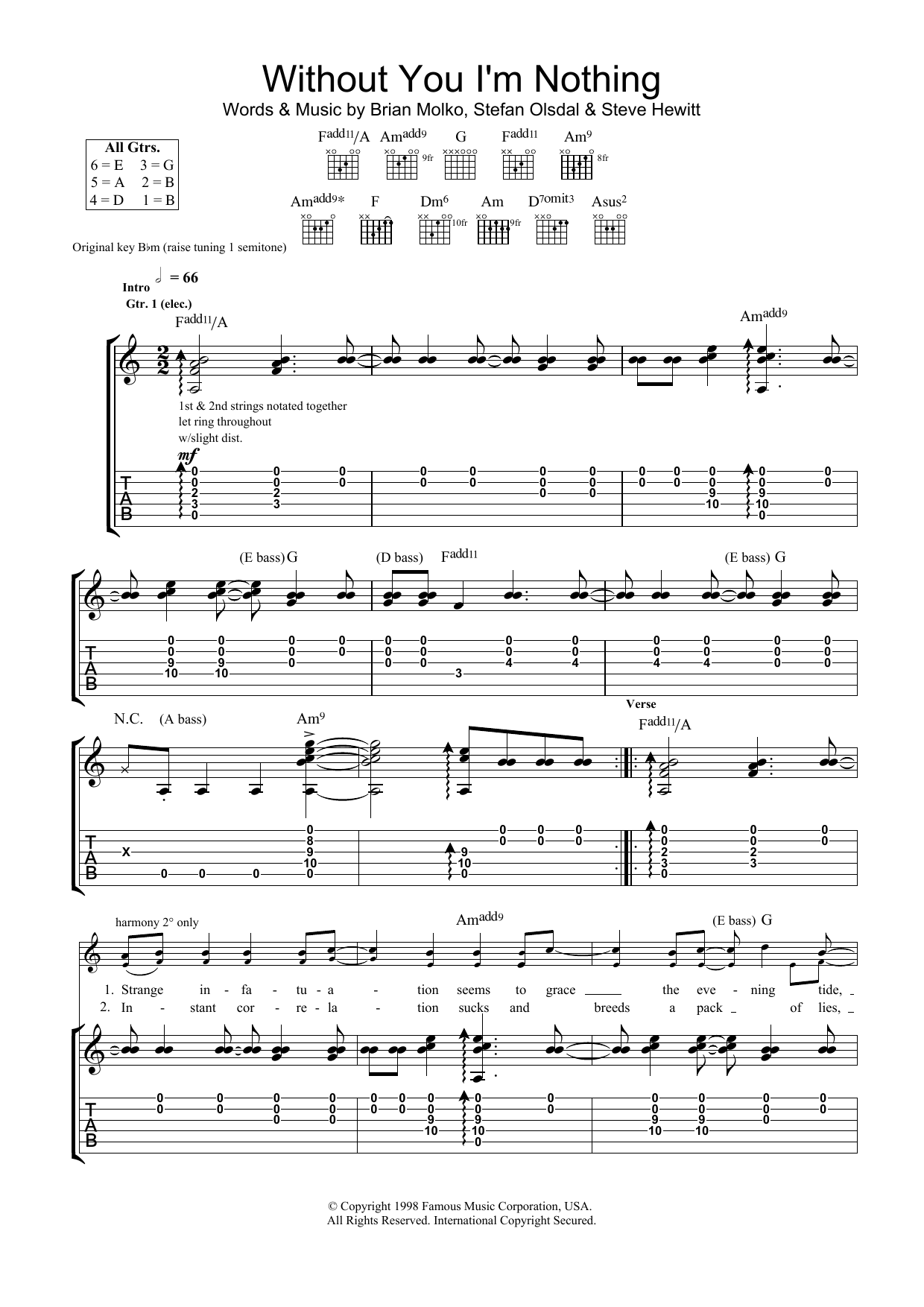 Placebo Without You I'm Nothing sheet music notes and chords arranged for Guitar Tab