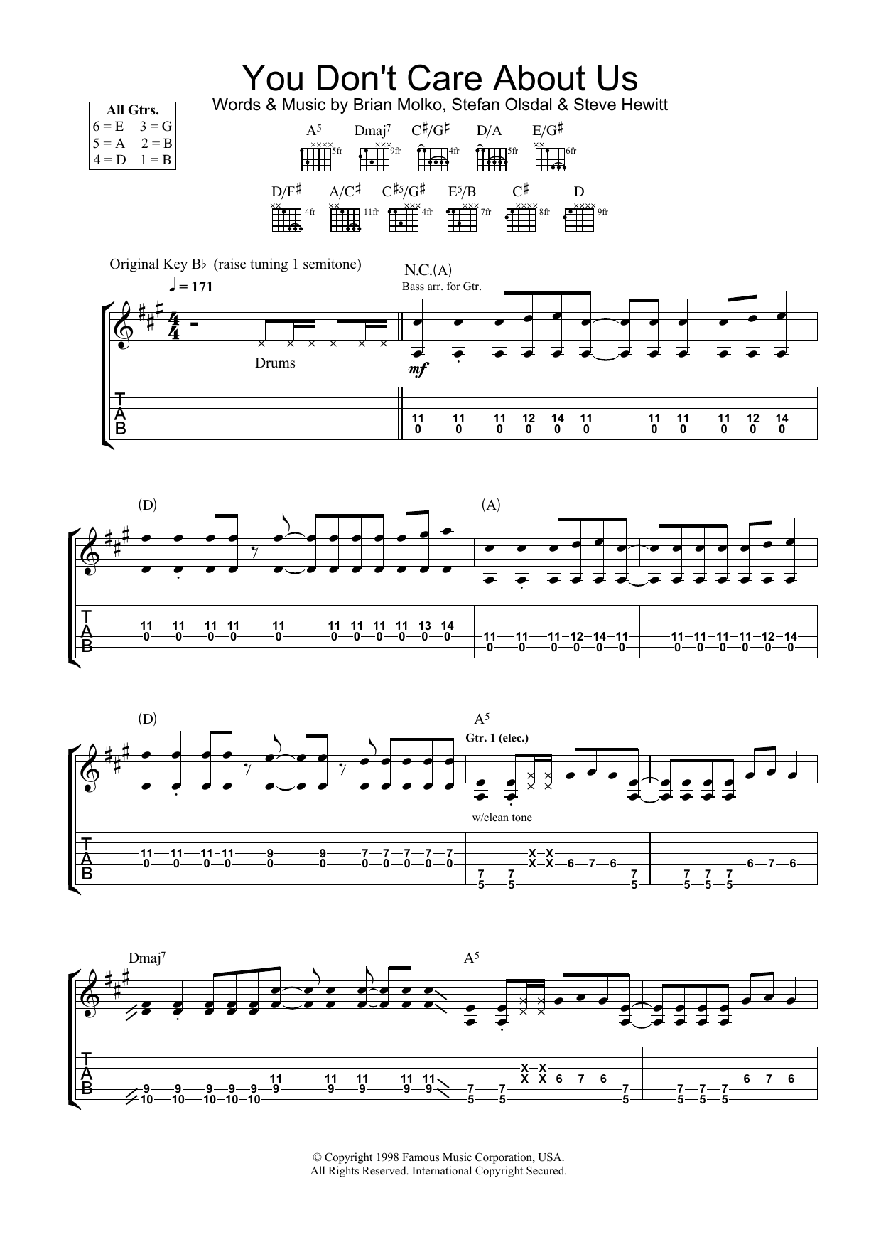 Placebo You Don't Care About Us sheet music notes and chords arranged for Guitar Chords/Lyrics