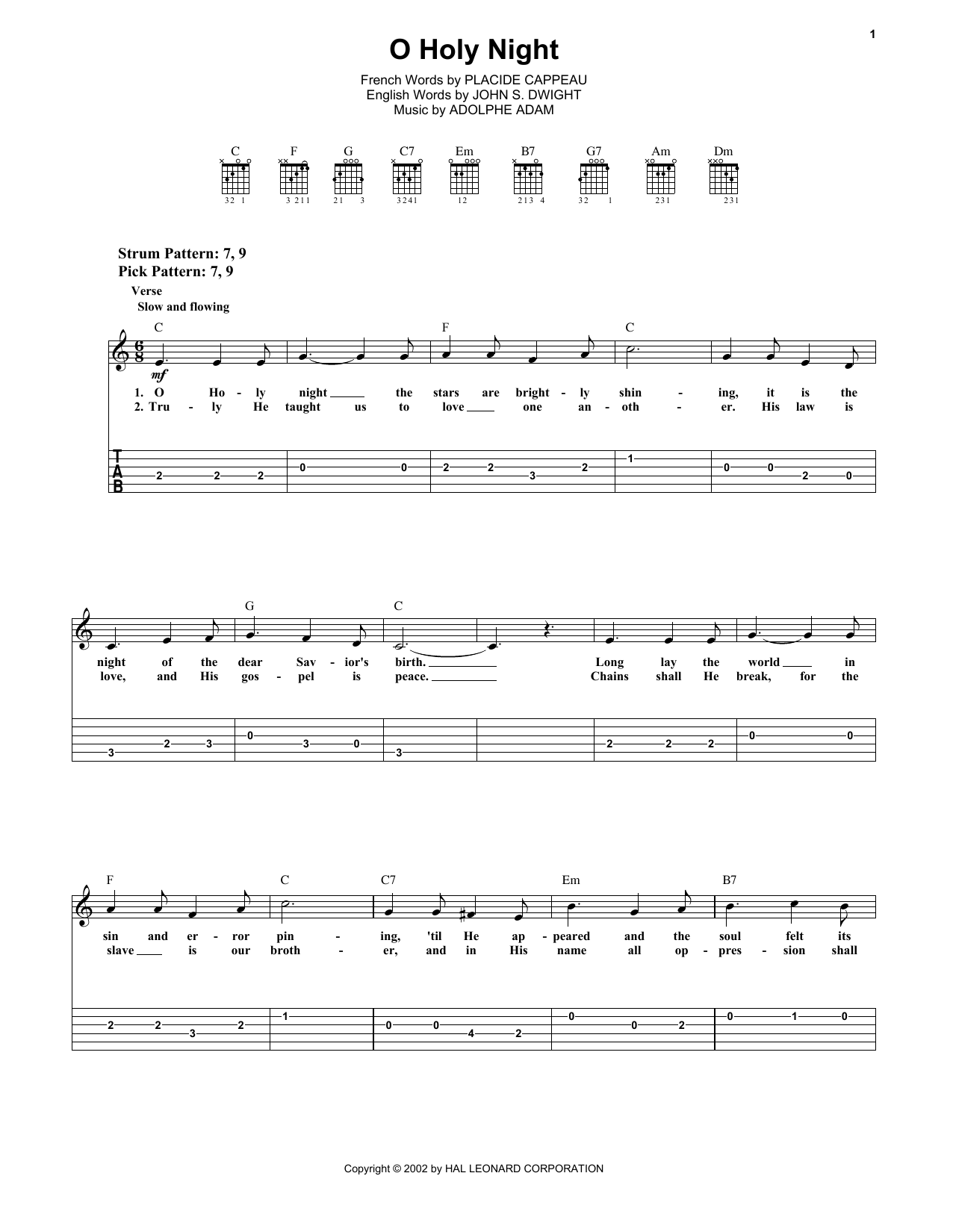 Placide Cappeau  (French) O Holy Night sheet music notes and chords arranged for Easy Guitar Tab
