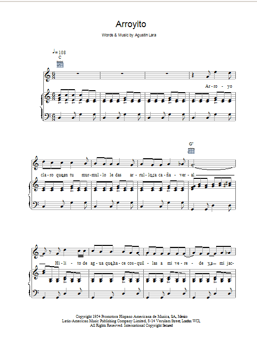 Placido Domingo Arroyito sheet music notes and chords arranged for Real Book – Melody & Chords