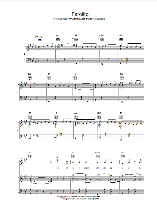 Placido Domingo Farolito sheet music notes and chords arranged for Piano, Vocal & Guitar Chords
