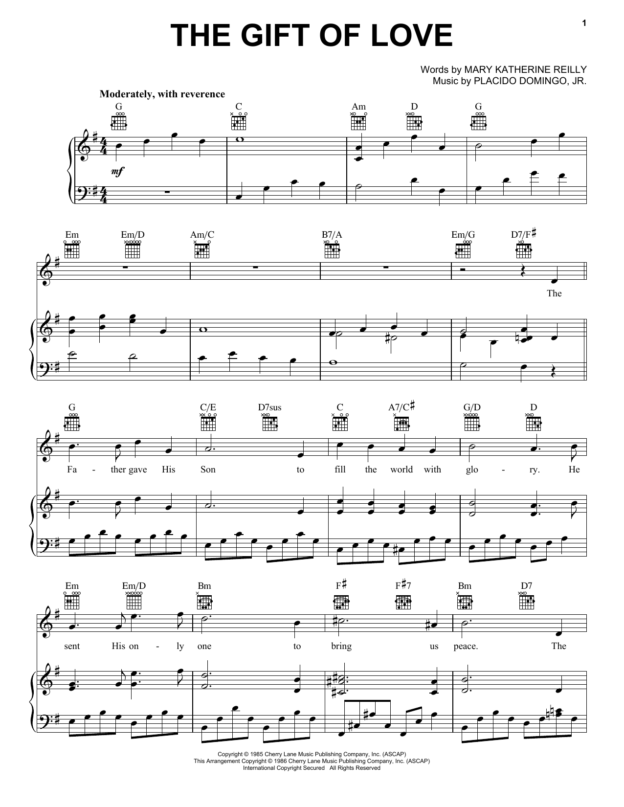 Placido Domingo, Jr. The Gift Of Love sheet music notes and chords arranged for Piano, Vocal & Guitar Chords (Right-Hand Melody)