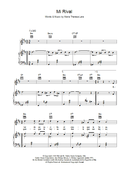 Placido Domingo Mi Rival sheet music notes and chords arranged for Piano, Vocal & Guitar Chords (Right-Hand Melody)