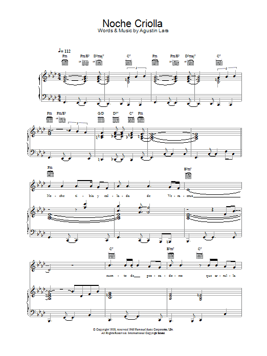 Placido Domingo Noche Criolla sheet music notes and chords arranged for Piano, Vocal & Guitar Chords