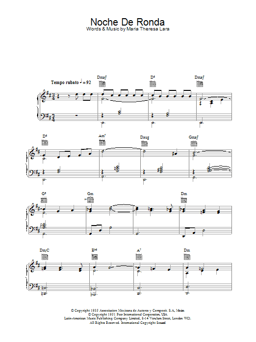 Placido Domingo Noche De Ronda sheet music notes and chords arranged for Piano, Vocal & Guitar Chords
