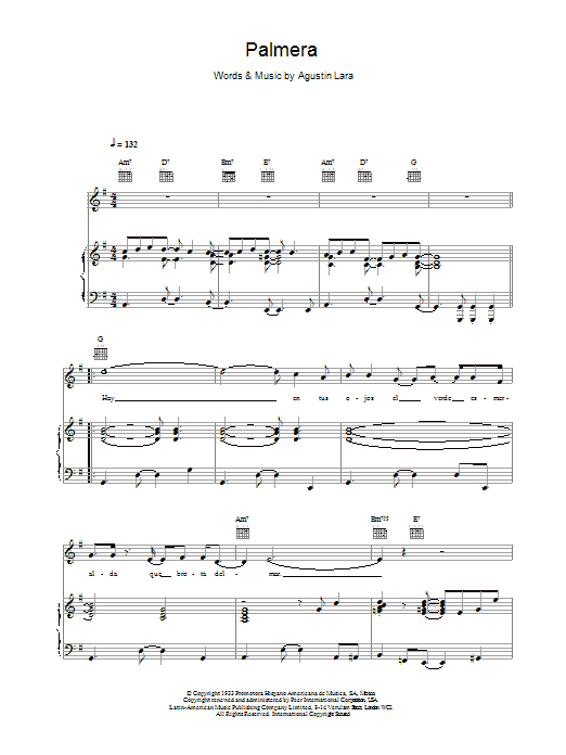 Placido Domingo Palmera sheet music notes and chords arranged for Piano, Vocal & Guitar Chords