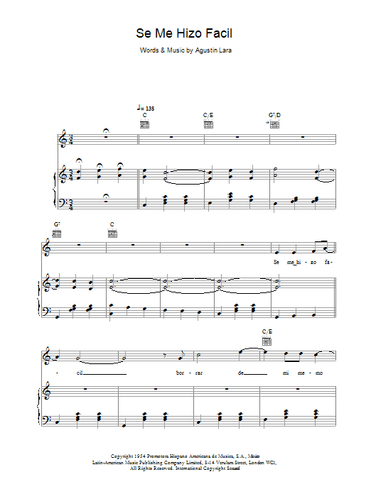 Placido Domingo Se Me Hizo Facil sheet music notes and chords arranged for Piano, Vocal & Guitar Chords
