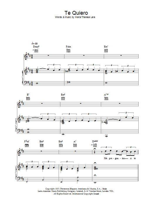 Placido Domingo Te Quiero sheet music notes and chords arranged for Piano, Vocal & Guitar Chords