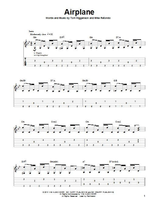Plain White Ts Airplane sheet music notes and chords arranged for Guitar Tab (Single Guitar)