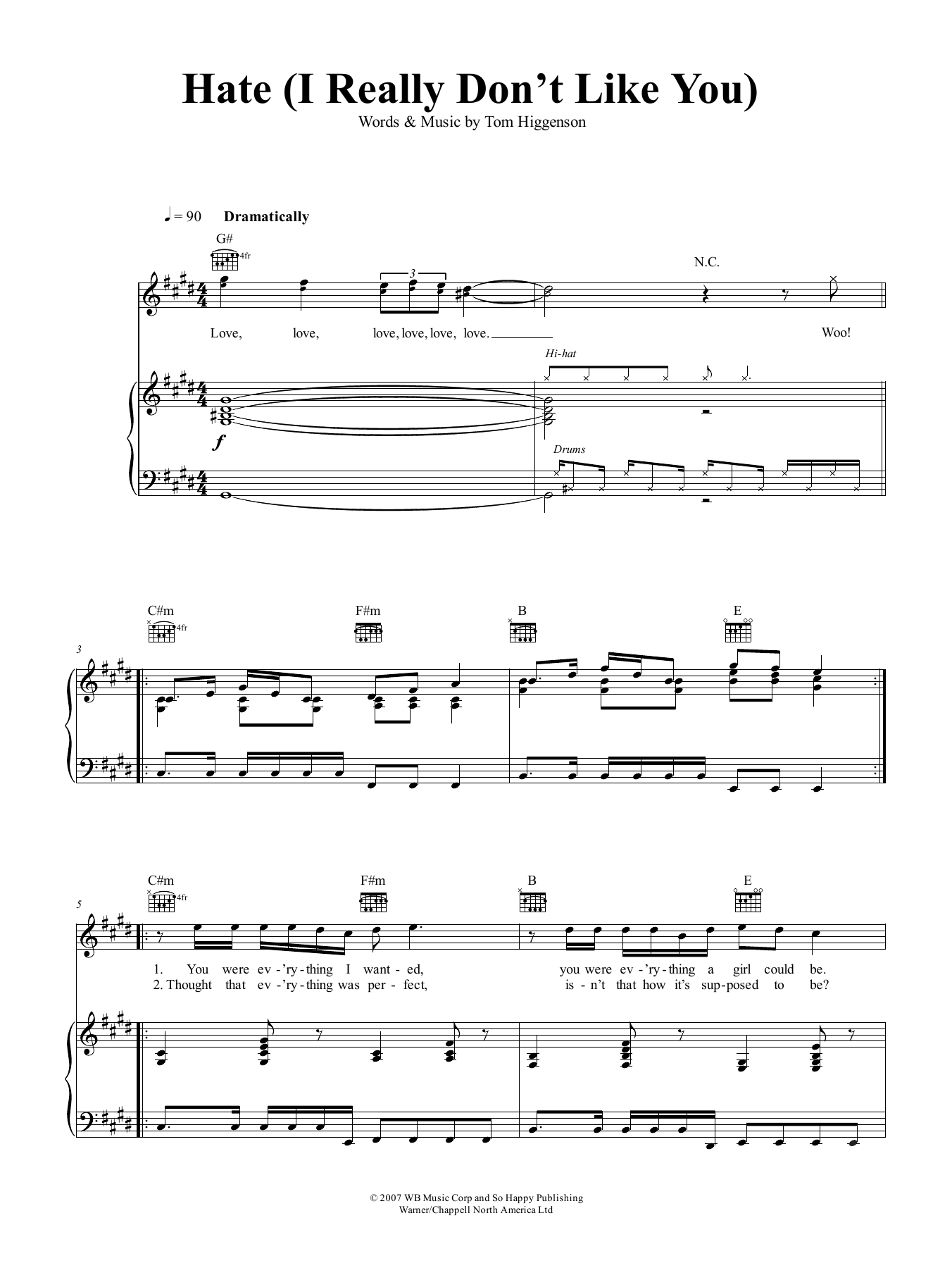 Plain White T's Hate (I Really Don't Like You) sheet music notes and chords arranged for Piano, Vocal & Guitar Chords (Right-Hand Melody)