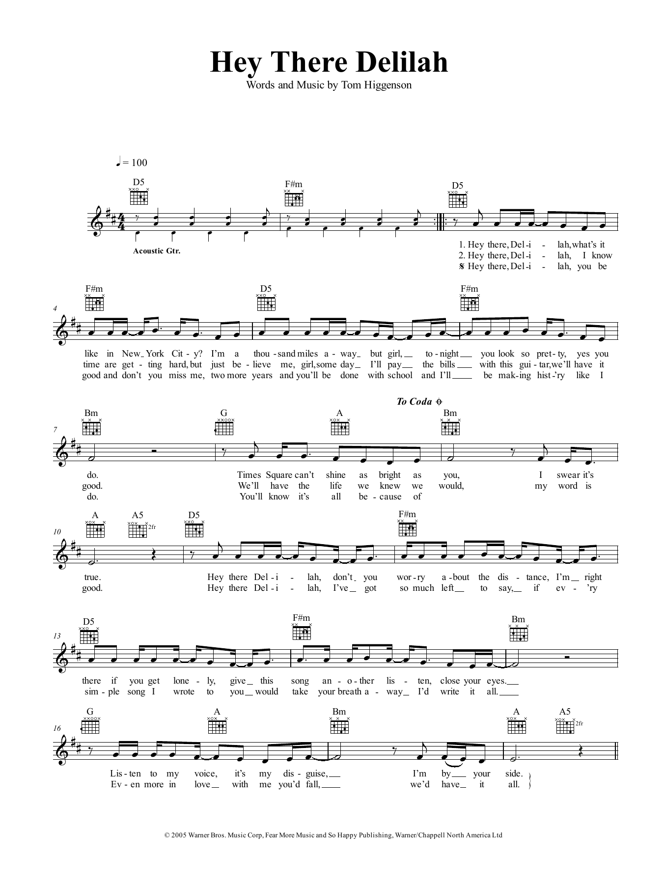 Plain White Ts Hey There Delilah sheet music notes and chords arranged for Easy Guitar Tab