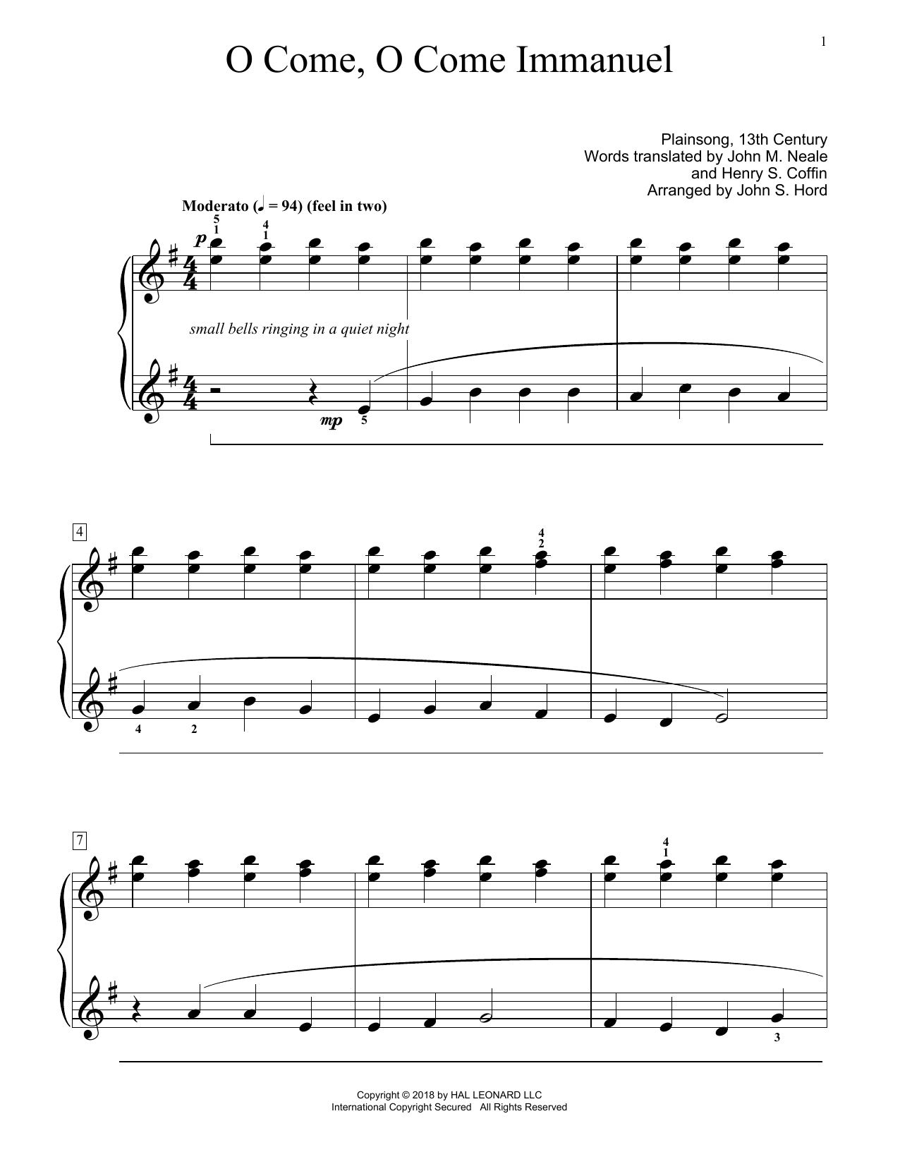 Plainsong, 13th Century O Come, O Come Immanuel (arr. John S. Hord) sheet music notes and chords arranged for Educational Piano
