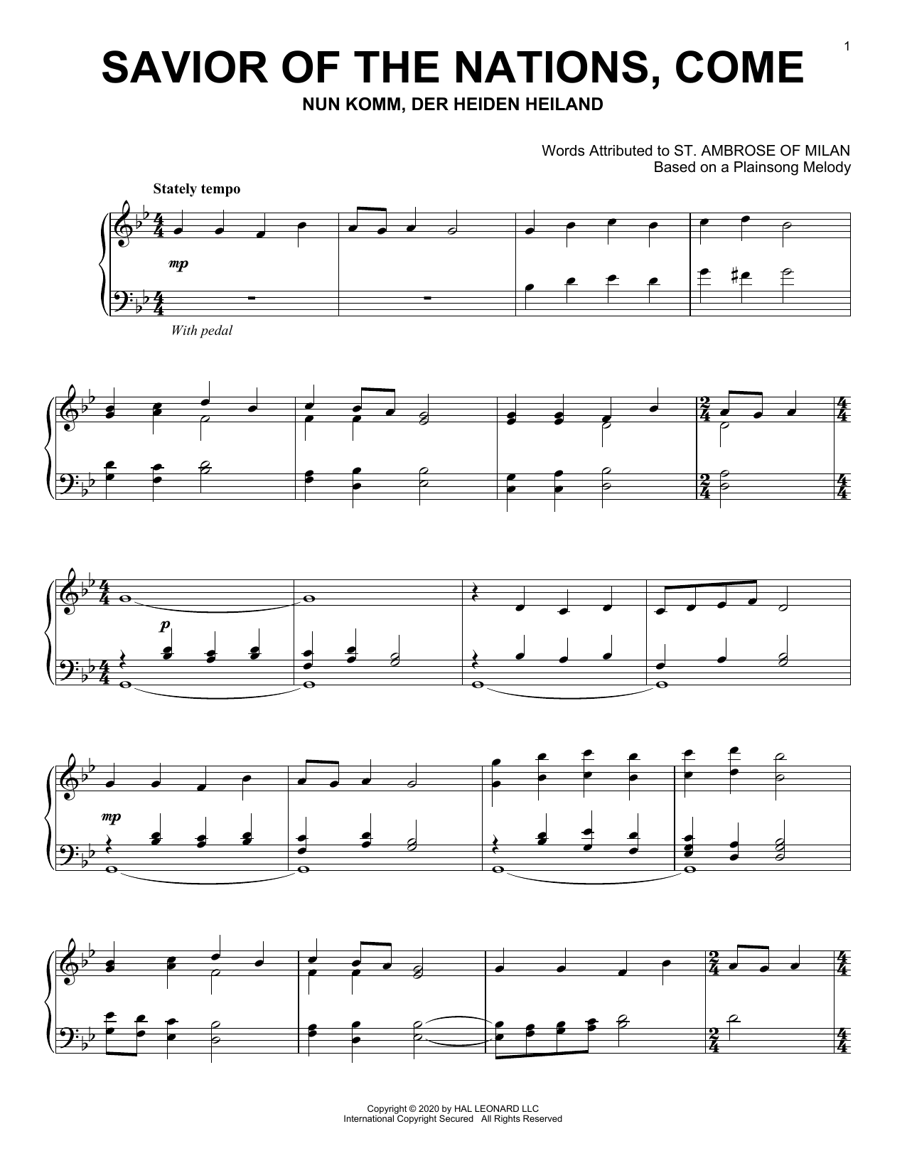 Plainsong Melody Savior Of The Nations, Come sheet music notes and chords arranged for Piano Solo