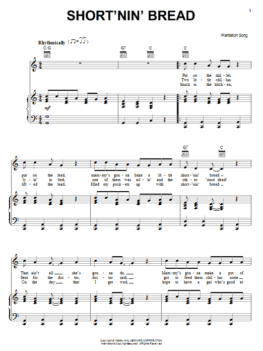 Plantation Song Short'nin' Bread sheet music notes and chords arranged for Easy Guitar Tab