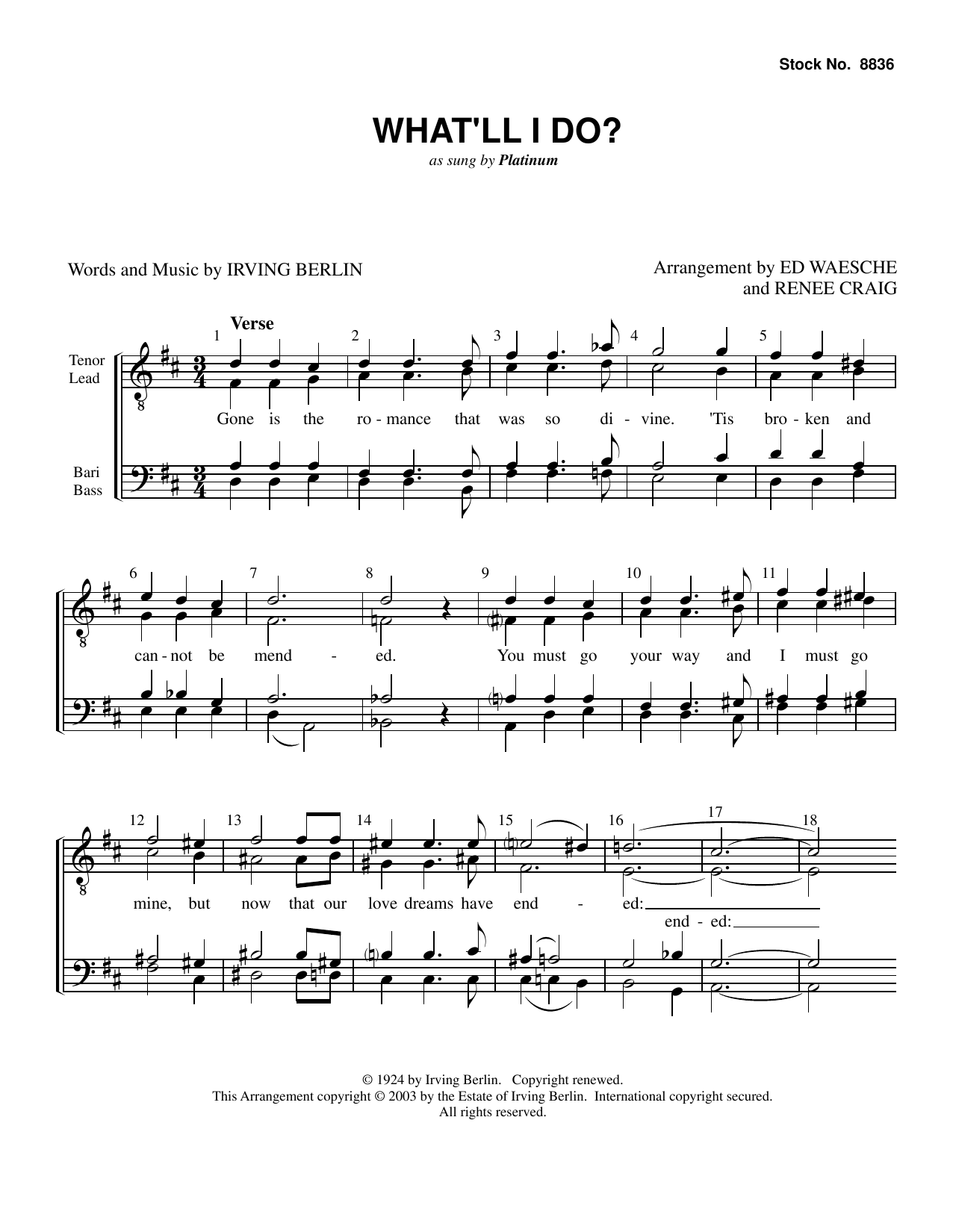 Platinum What'll I Do? (arr. Ed Waesche, Renee Craig) sheet music notes and chords arranged for TTBB Choir