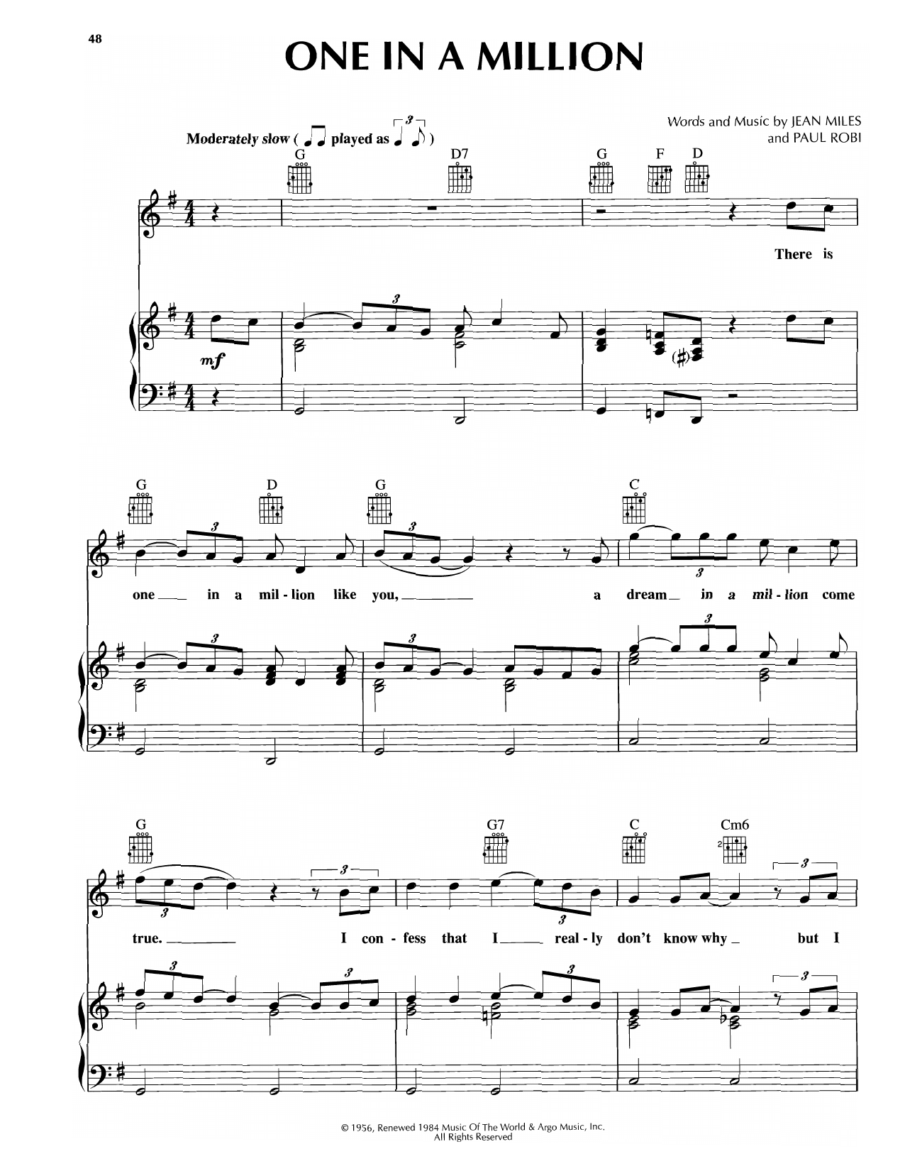 Platters One In A Million sheet music notes and chords arranged for Piano, Vocal & Guitar Chords (Right-Hand Melody)