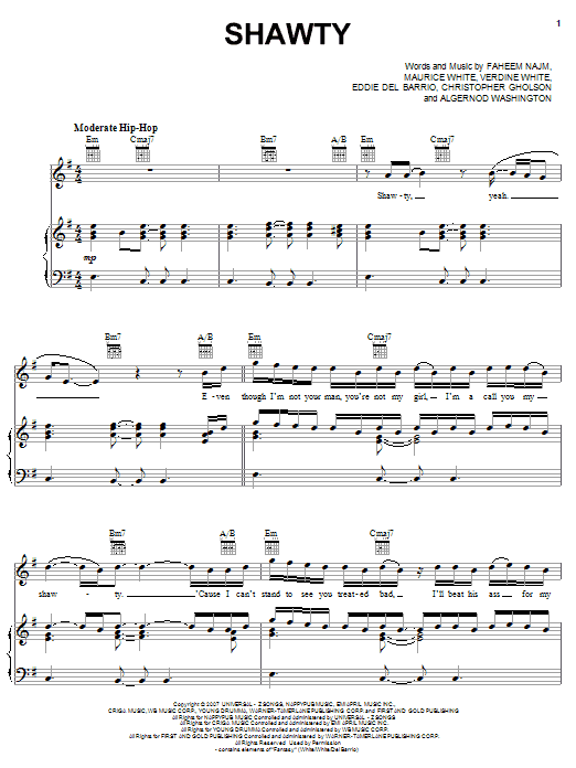 Plies featuring T-Pain Shawty sheet music notes and chords arranged for Piano, Vocal & Guitar Chords (Right-Hand Melody)