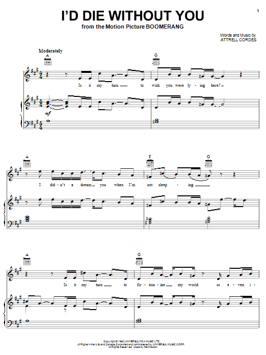 P.M. Dawn I'd Die Without You sheet music notes and chords arranged for Piano, Vocal & Guitar Chords (Right-Hand Melody)