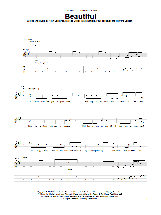 P.O.D. Beautiful sheet music notes and chords arranged for Guitar Tab