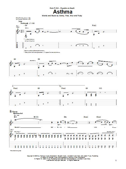 P.O.D. (Payable On Death) Asthma sheet music notes and chords arranged for Guitar Tab