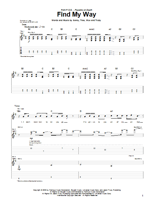 P.O.D. (Payable On Death) Find My Way sheet music notes and chords arranged for Guitar Tab