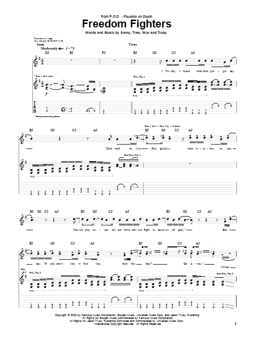 P.O.D. (Payable On Death) Freedom Fighters sheet music notes and chords arranged for Guitar Tab