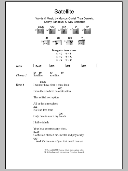 P.O.D. Satellite sheet music notes and chords arranged for Guitar Chords/Lyrics