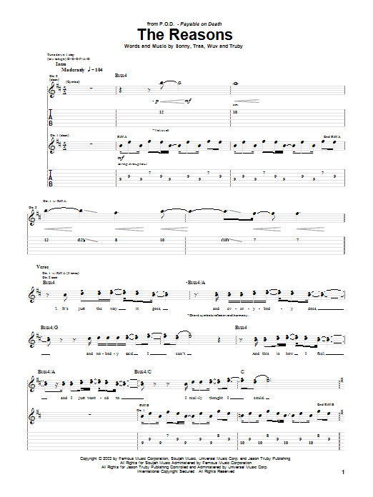 P.O.D. (Payable On Death) The Reasons sheet music notes and chords arranged for Guitar Tab