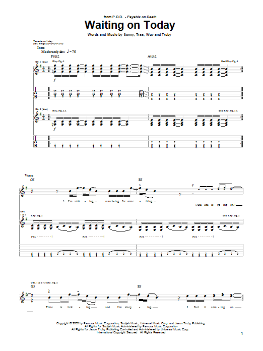 P.O.D. (Payable On Death) Waiting On Today sheet music notes and chords arranged for Guitar Tab