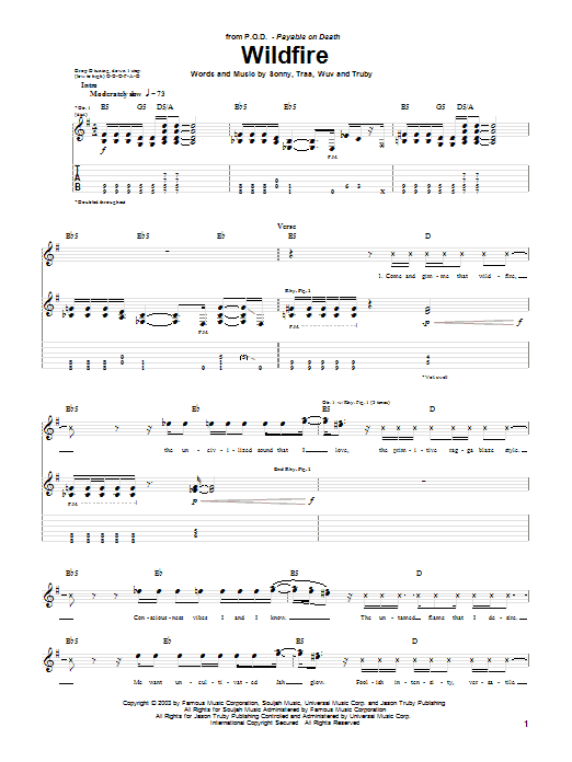 P.O.D. (Payable On Death) Wildfire sheet music notes and chords arranged for Guitar Tab