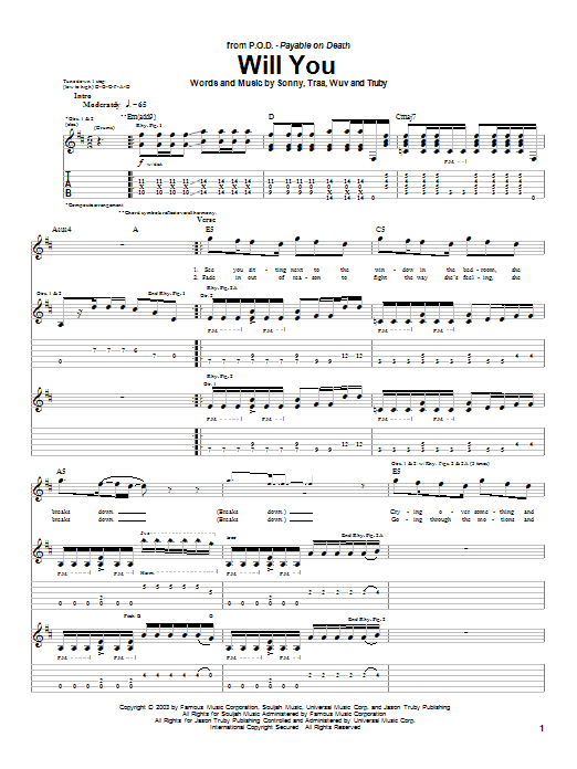 P.O.D. (Payable On Death) Will You sheet music notes and chords arranged for Guitar Tab