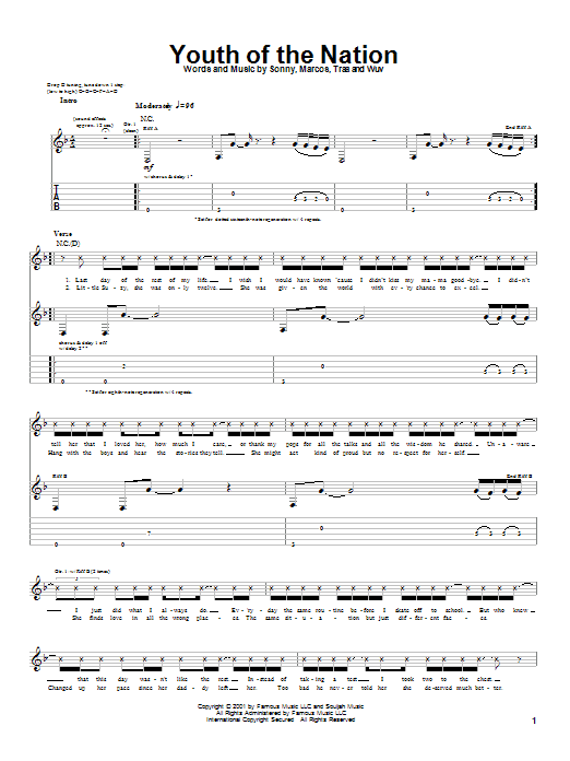 P.O.D. (Payable On Death) Youth Of The Nation sheet music notes and chords arranged for Guitar Tab