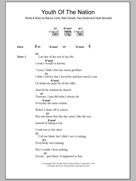 P.O.D. Youth Of The Nation sheet music notes and chords arranged for Guitar Chords/Lyrics