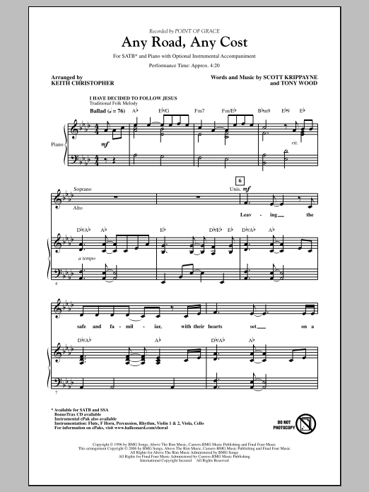 Point Of Grace Any Road, Any Cost (arr. Keith Christopher) sheet music notes and chords arranged for SATB Choir