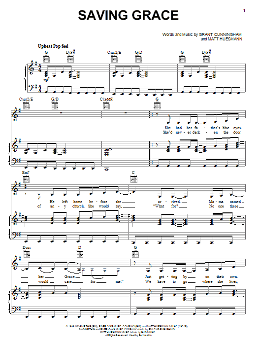 Point Of Grace Saving Grace sheet music notes and chords arranged for Piano, Vocal & Guitar Chords (Right-Hand Melody)