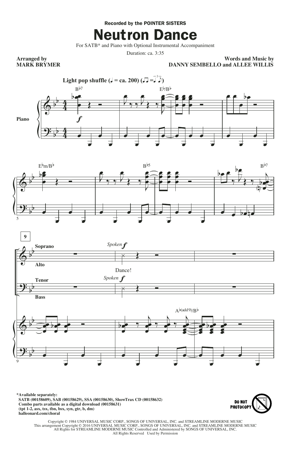Pointer Sisters Neutron Dance (arr. Mark Brymer) sheet music notes and chords arranged for SATB Choir
