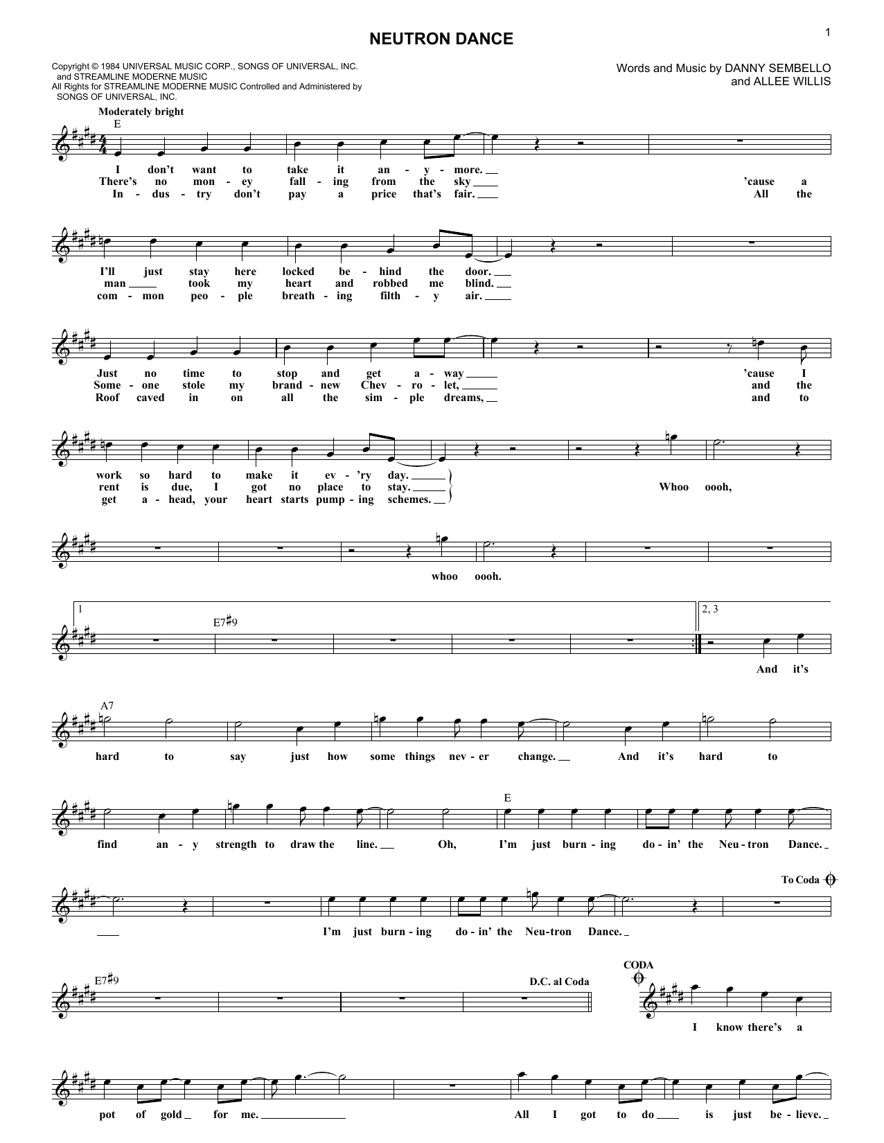 Pointer Sisters Neutron Dance sheet music notes and chords arranged for Lead Sheet / Fake Book