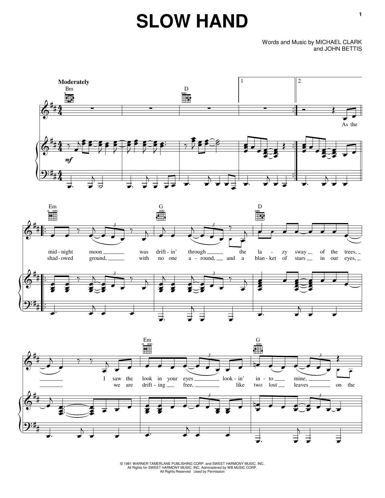 Pointer Sisters Slow Hand sheet music notes and chords arranged for Piano, Vocal & Guitar Chords (Right-Hand Melody)