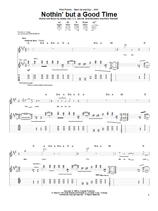 Poison Nothin' But A Good Time sheet music notes and chords arranged for Guitar Tab (Single Guitar)