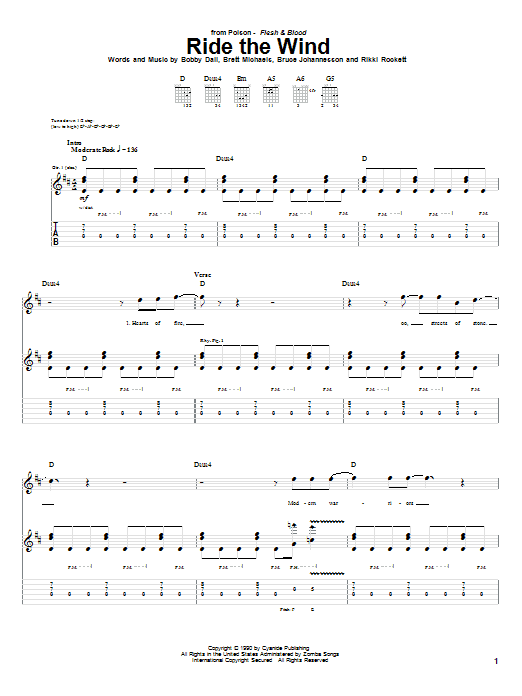 Poison Ride The Wind sheet music notes and chords arranged for Guitar Tab