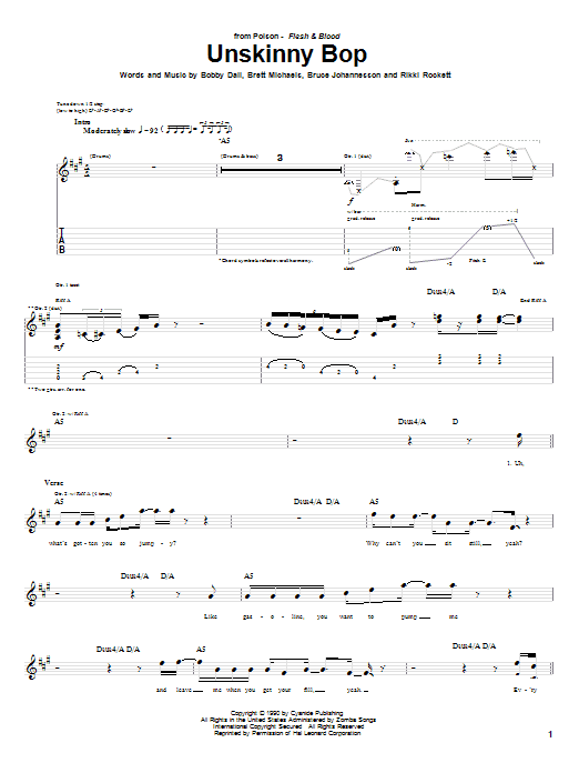 Poison Unskinny Bop sheet music notes and chords arranged for Piano, Vocal & Guitar Chords (Right-Hand Melody)