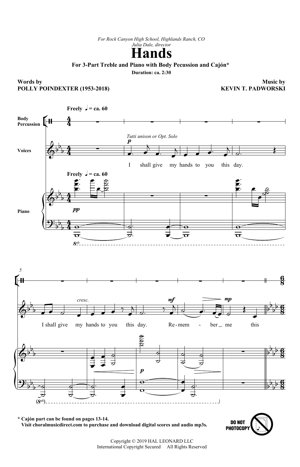 Polly Poindexter and Kevin T. Padworski Hands sheet music notes and chords arranged for SSA Choir