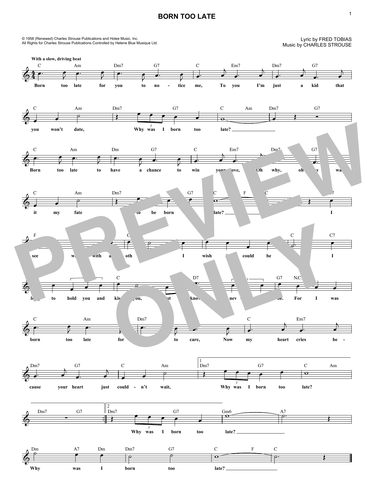 Poni-Tails Born Too Late sheet music notes and chords arranged for Lead Sheet / Fake Book